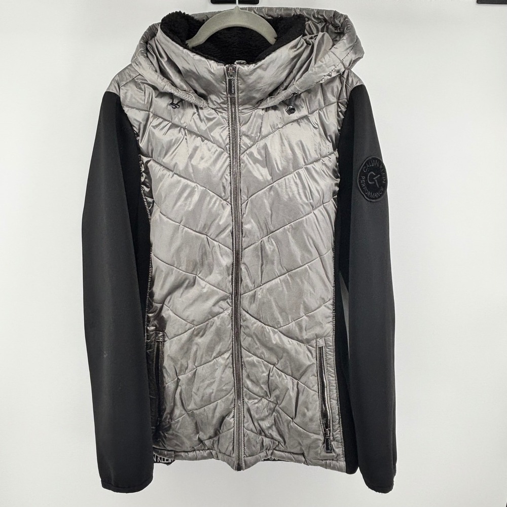 Calvin Klein Performance Womens XXL Metallic Silver Quilted Puffer Jacket Hooded